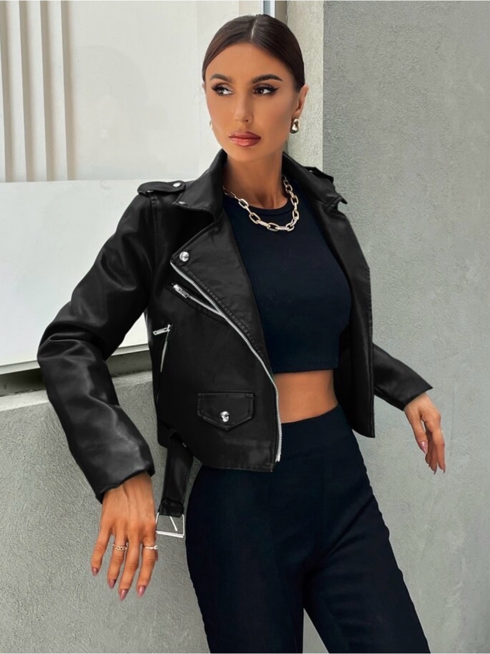 Women's Black Faux Leather Moto Jacket - Sleek Cropped Biker Coat